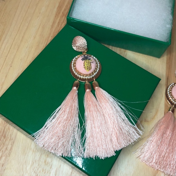Pink pineapples velvet & tassel maxi earrings NWOT - Picture 5 of 5